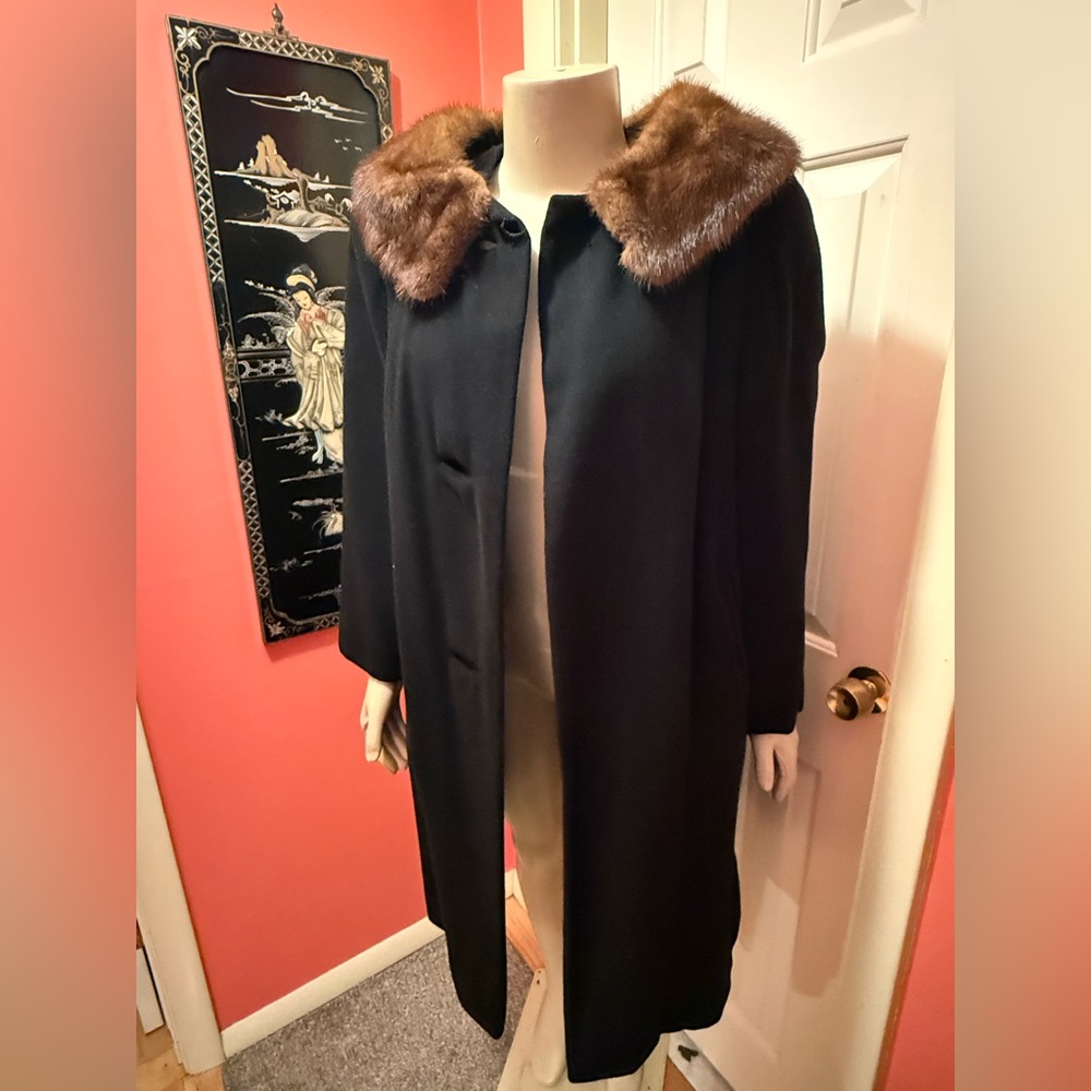 Classic Black Cashmere Coat with Mink Fur Collar
